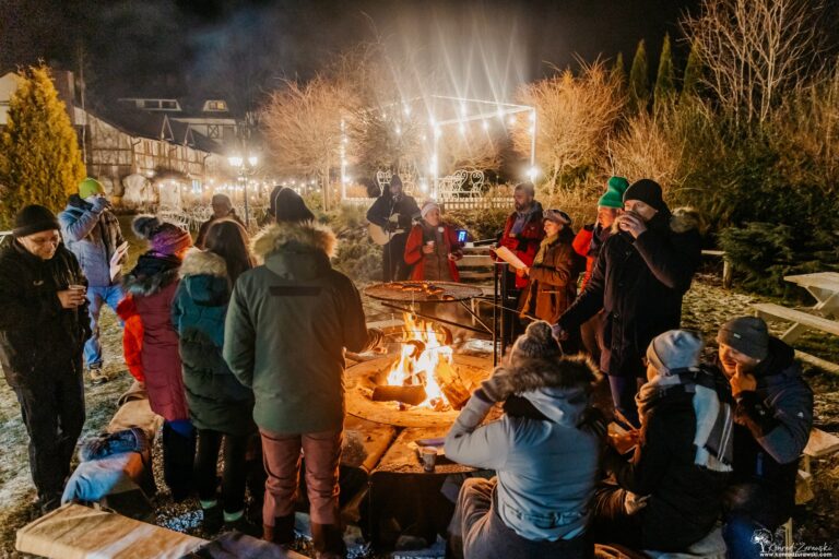 Company bonfire and barbecue in the manor garden, winter integration in the mountains